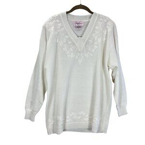 VTG Jaclyn Smith Womens L Sweater White Floral Embroidered Granny Cottage Core